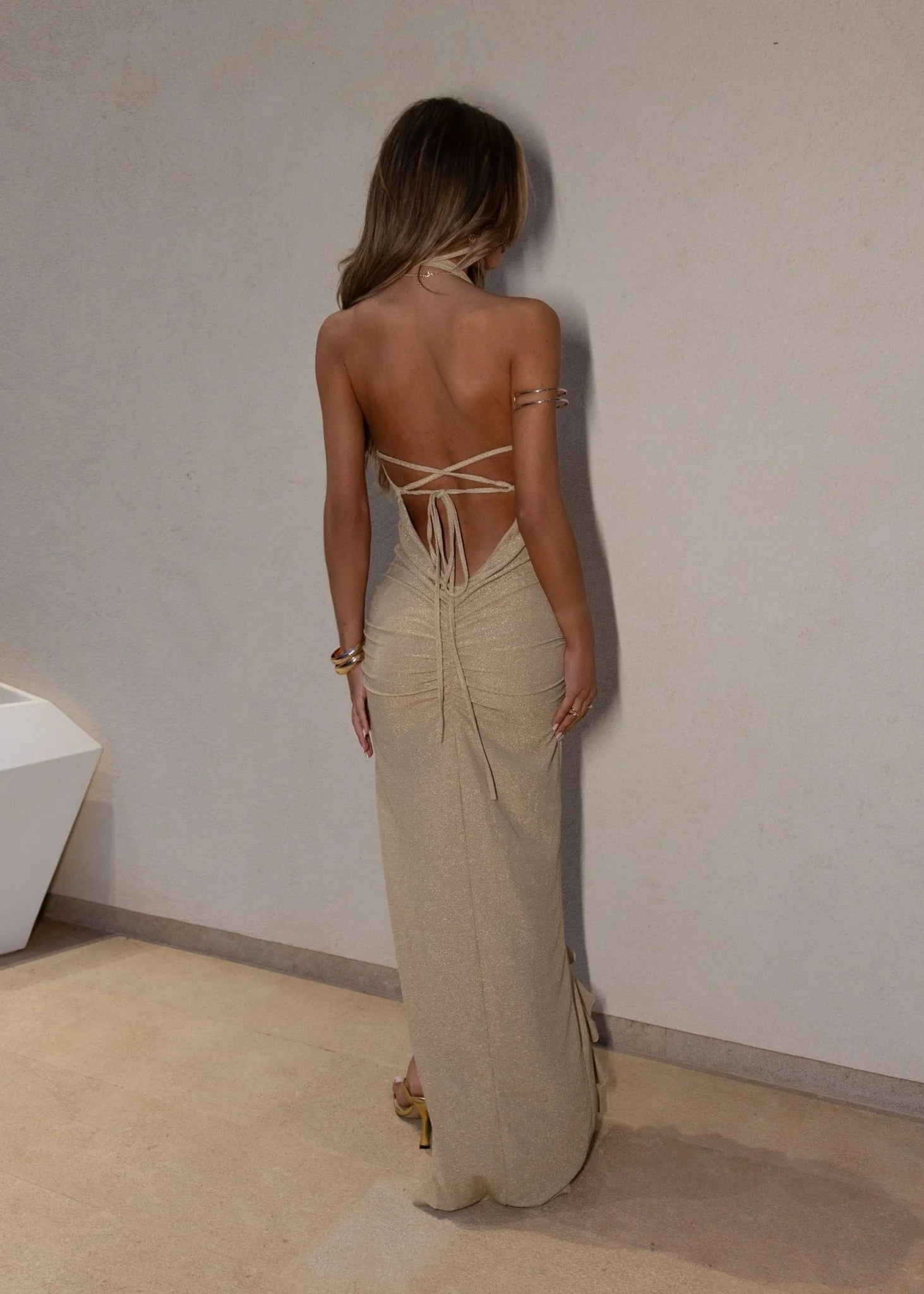 True To Form Lurex Ruffle Maxi Dress Gold