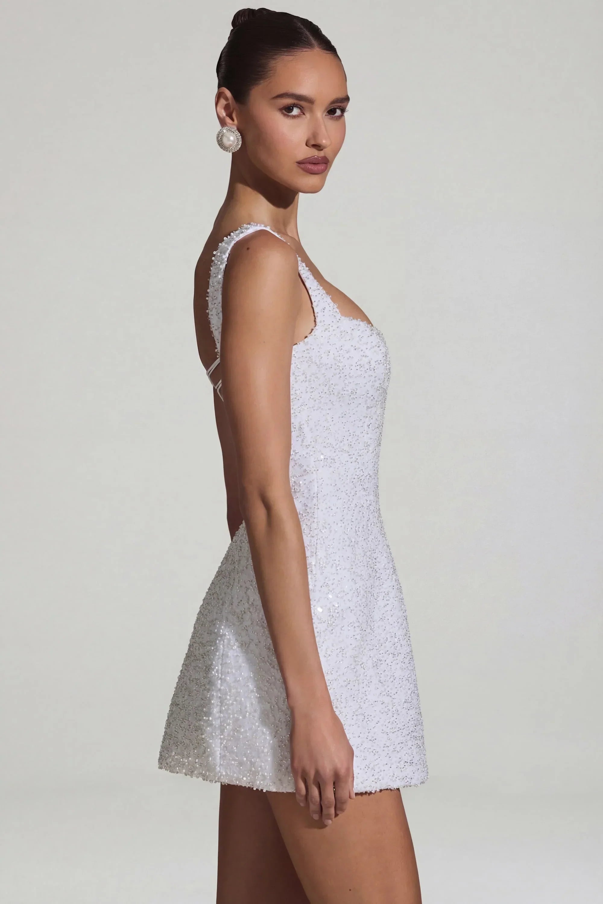 Embellished Structured A Line Mini Dress in White