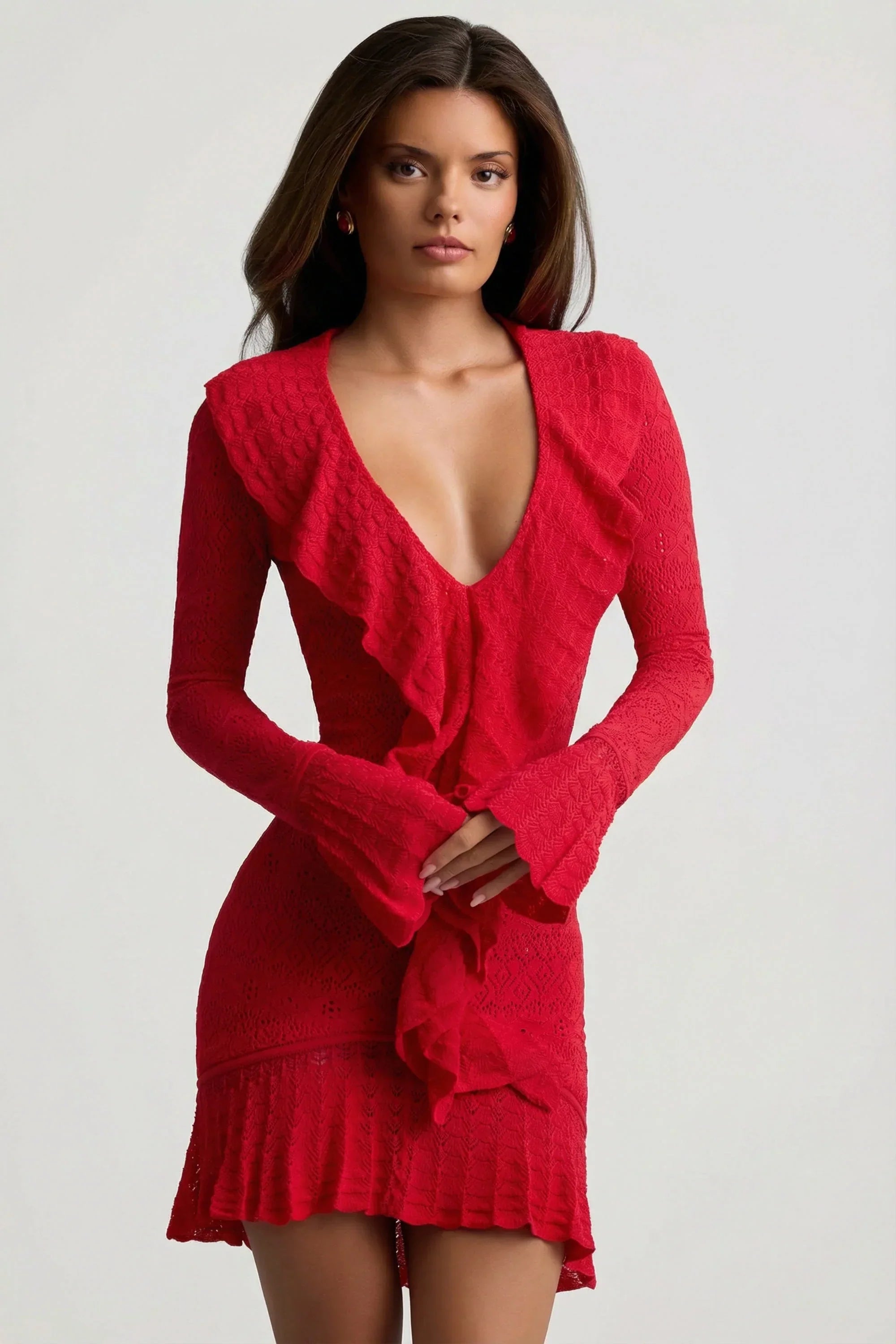 Ruffle Trim Pointelle Knit Mini Dress in Scarlet Red