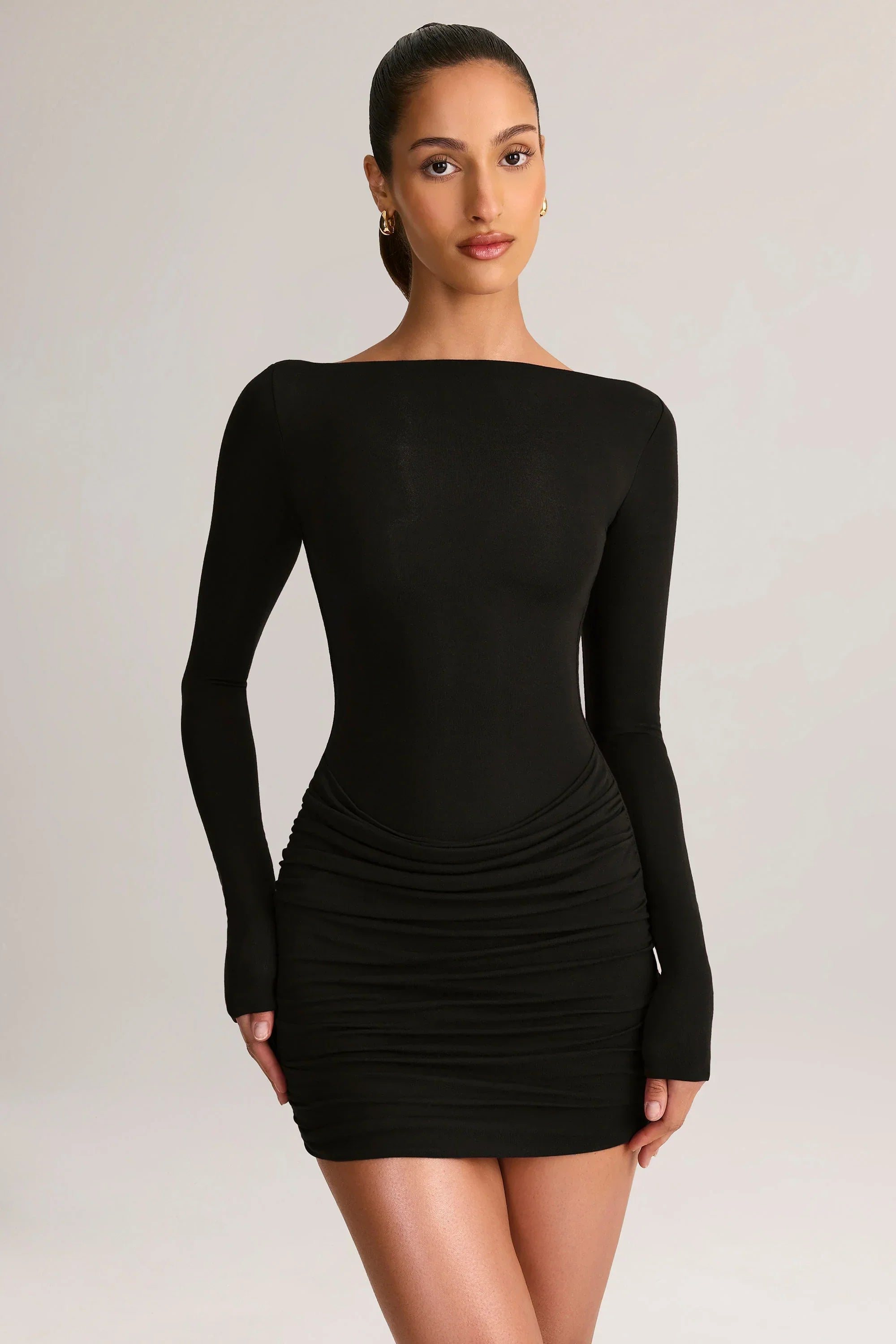 Modal Boat Neck Draped Long Sleeve Mini Dress in Black