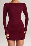 Modal Boat Neck Draped Long Sleeve Mini Dress in Wine
