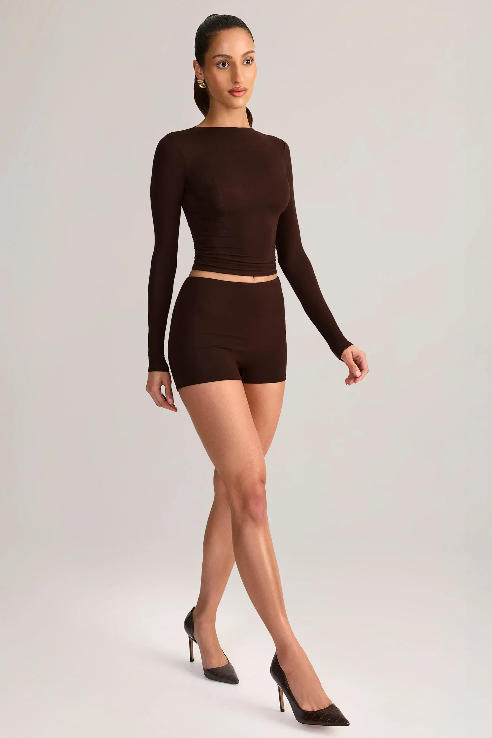 Modal High Rise Bodycon Mini Shorts in Chocolate Brown