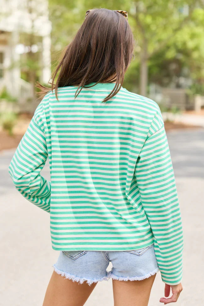 Nylah Green Striped Long Sleeve Crewneck Top
