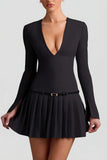 Long Sleeve Pleated Mini Dress in Black