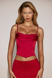 Satin Cowl Neck Lace Up Corset Top in True Red