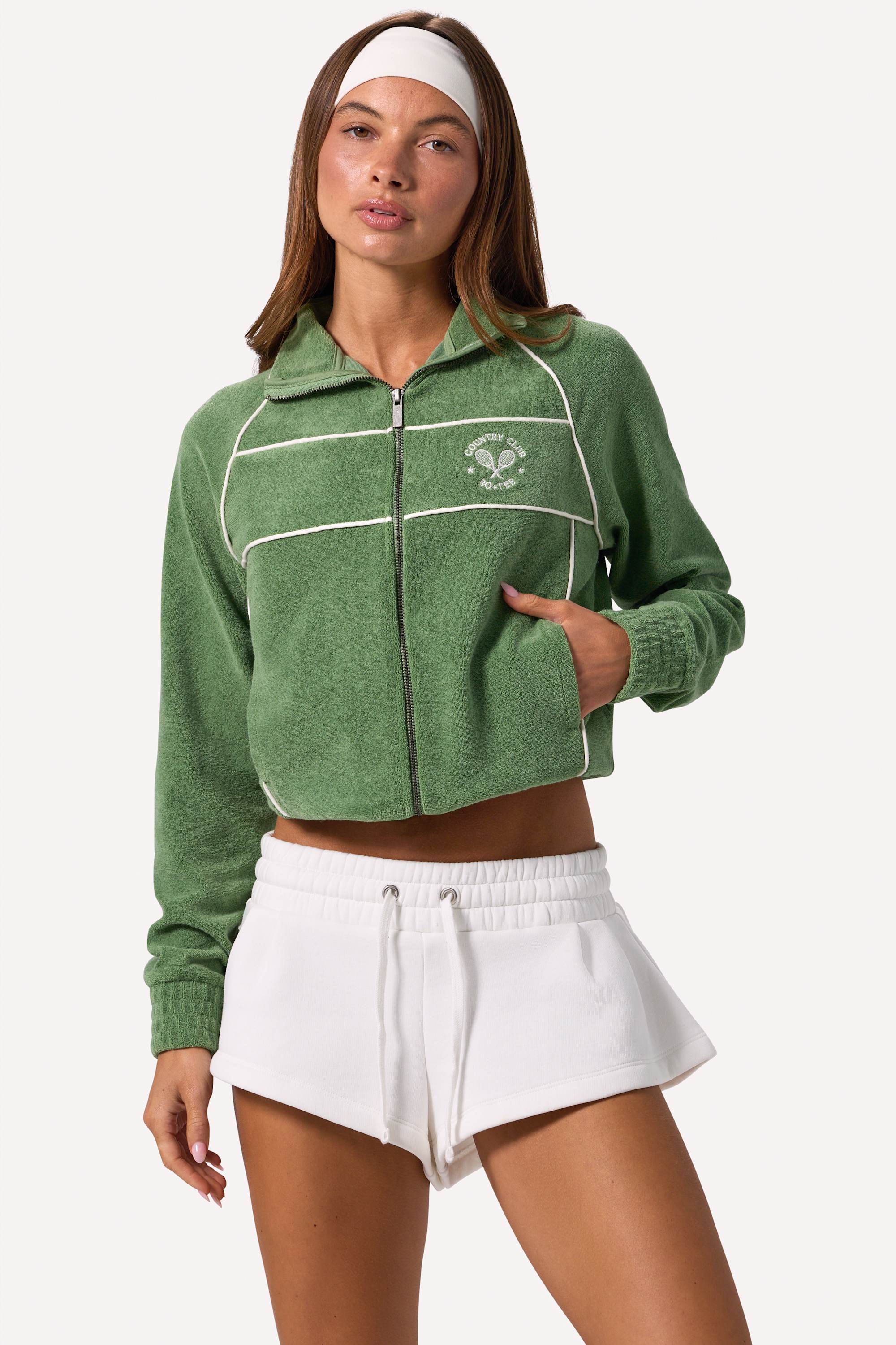 Terry Towelling Zip Up Cropped Sweatshirt in Jade