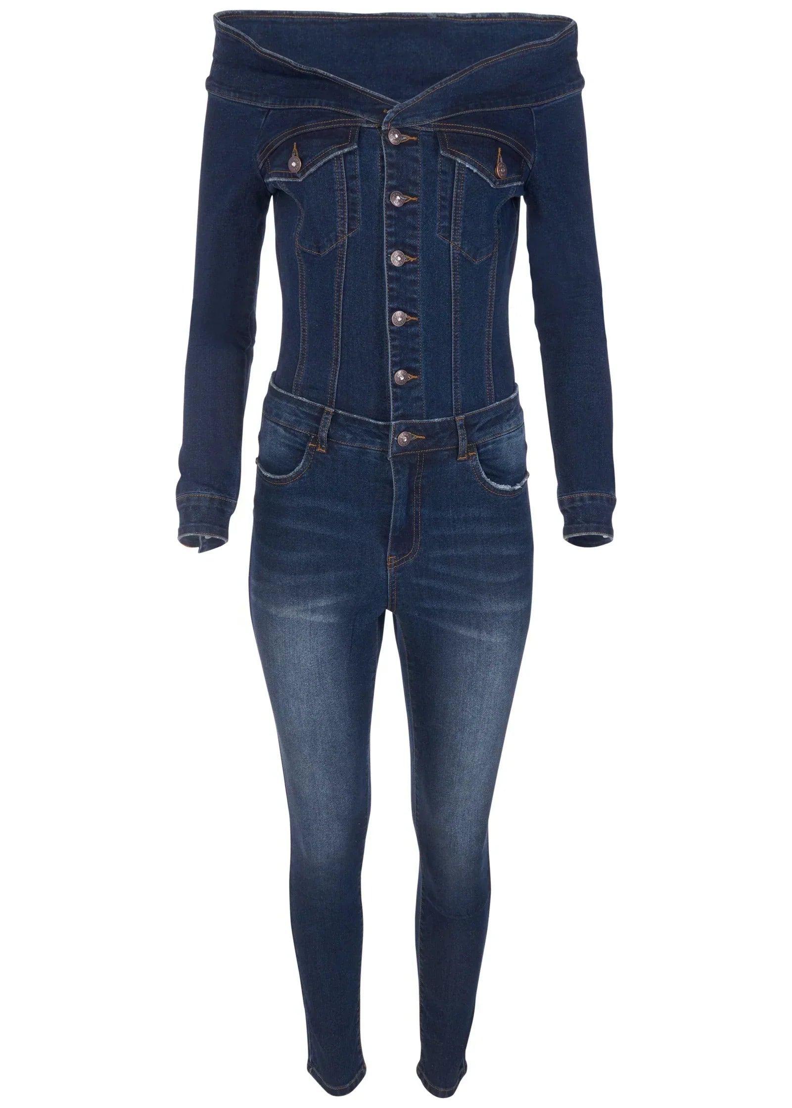 Off The Shoulder Denim Jumpsuit Dark Wash