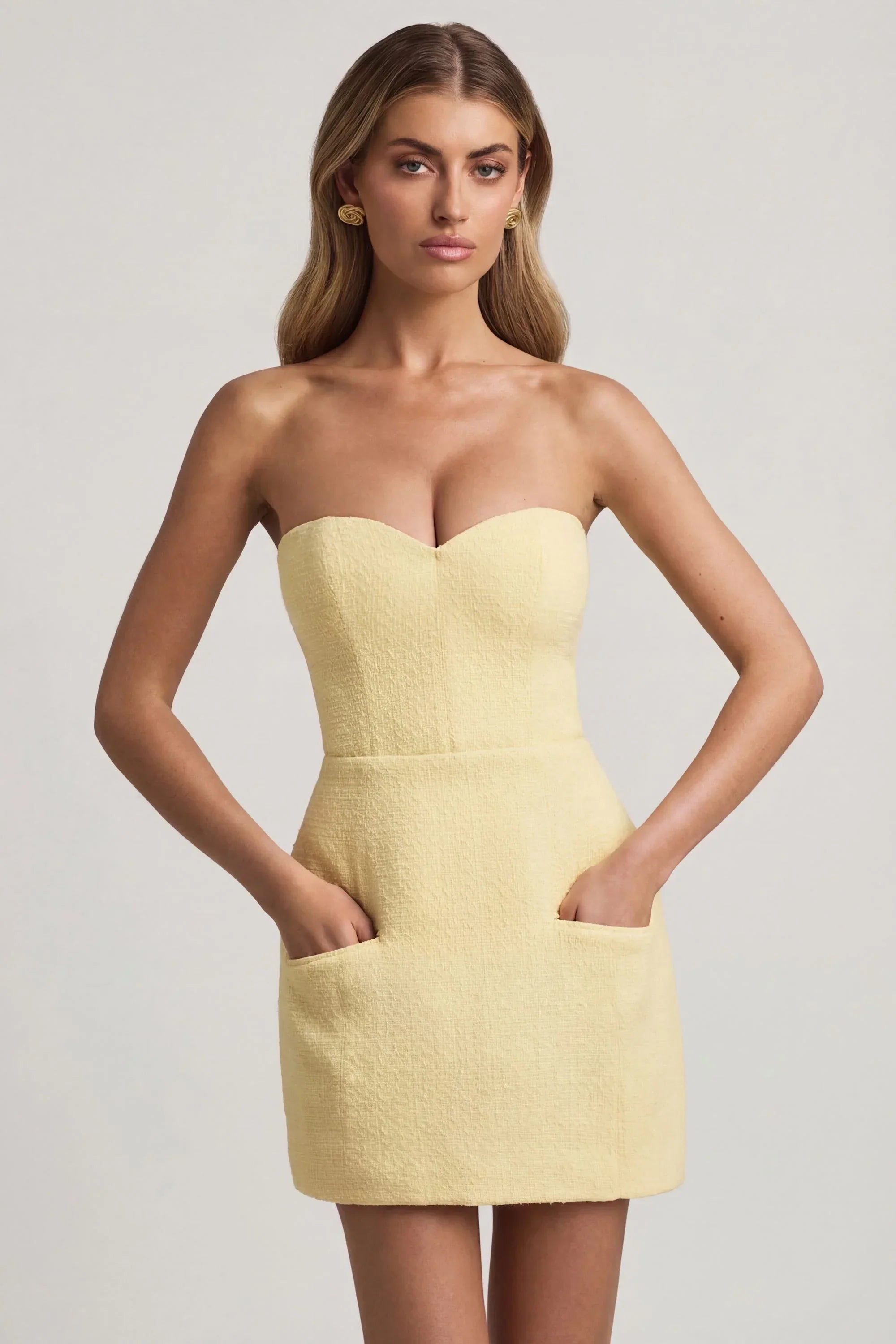 Sweetheart Neck Strapless Structured Mini Dress in Pastel Yellow