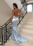 Touch of Glamour Satin Gown with Side Slit Baby Blue