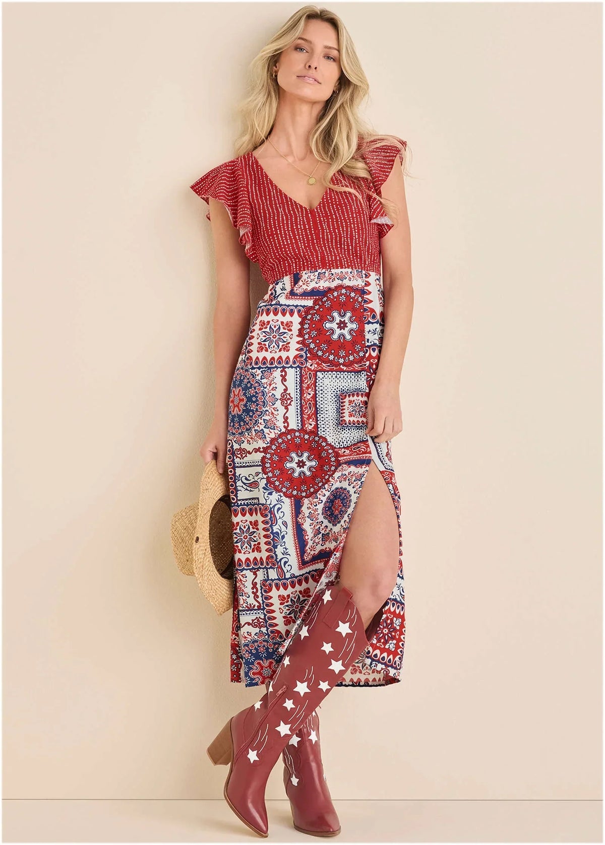 Linen V Neck Maxi Dress Heritage Bandana Medley