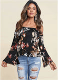 Bell Sleeve Printed Top Black Multi