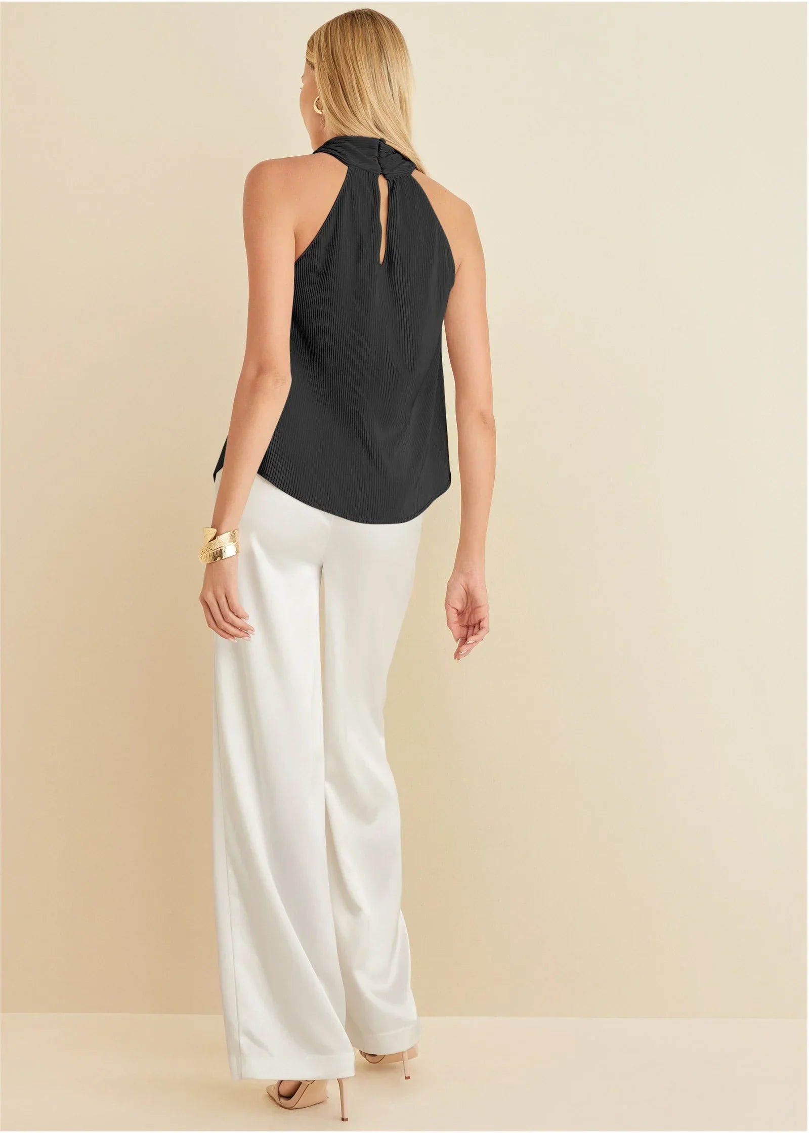 Plisse Cross Neck Tank Jet Black