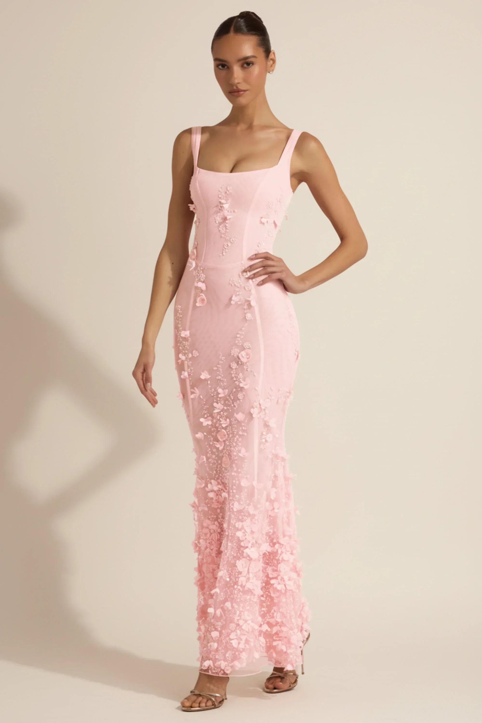 Embellished Appliqué Soft Scoop Corset Gown in Pink