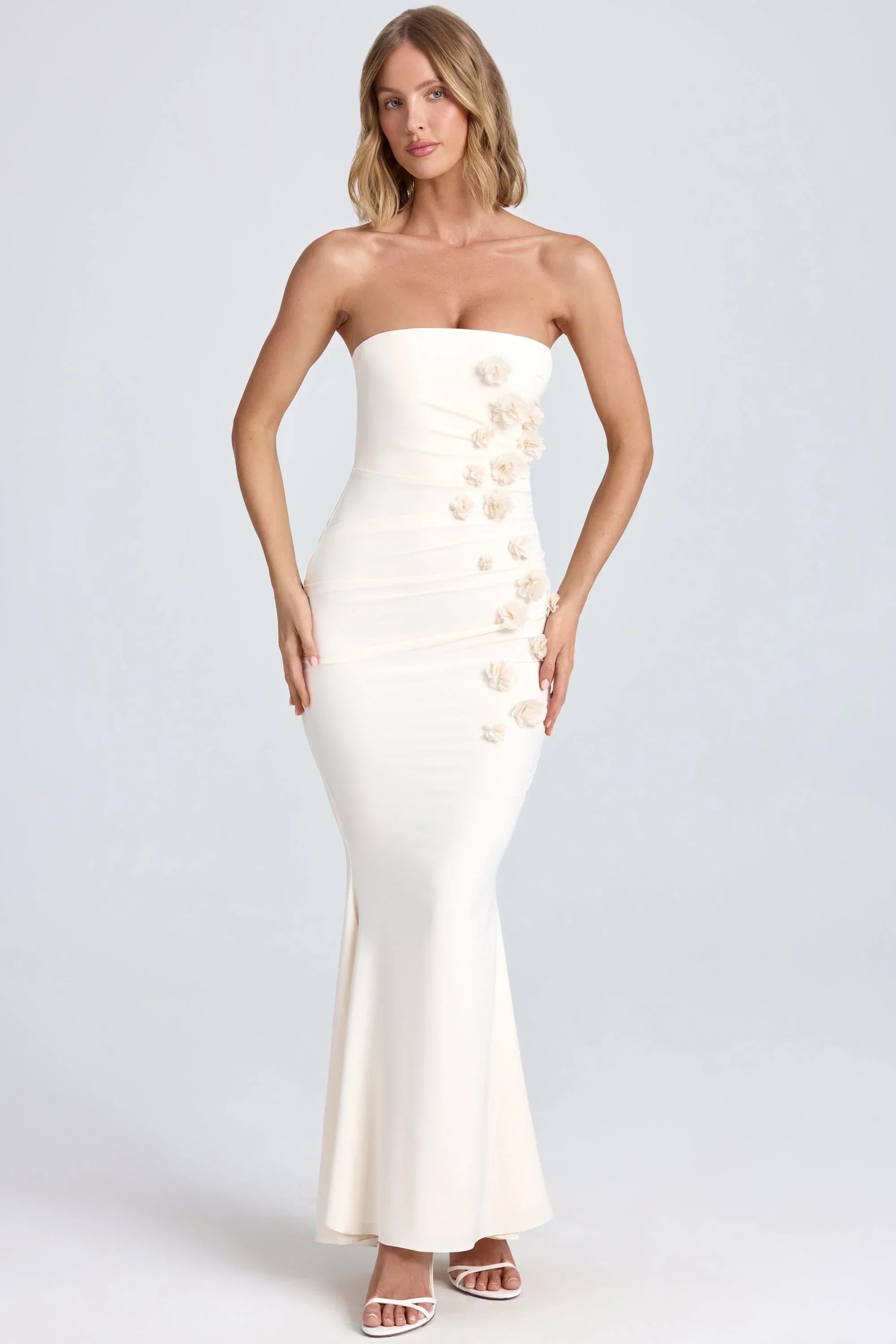 Draped Floral Appliqué Maxi Dress in Ivory