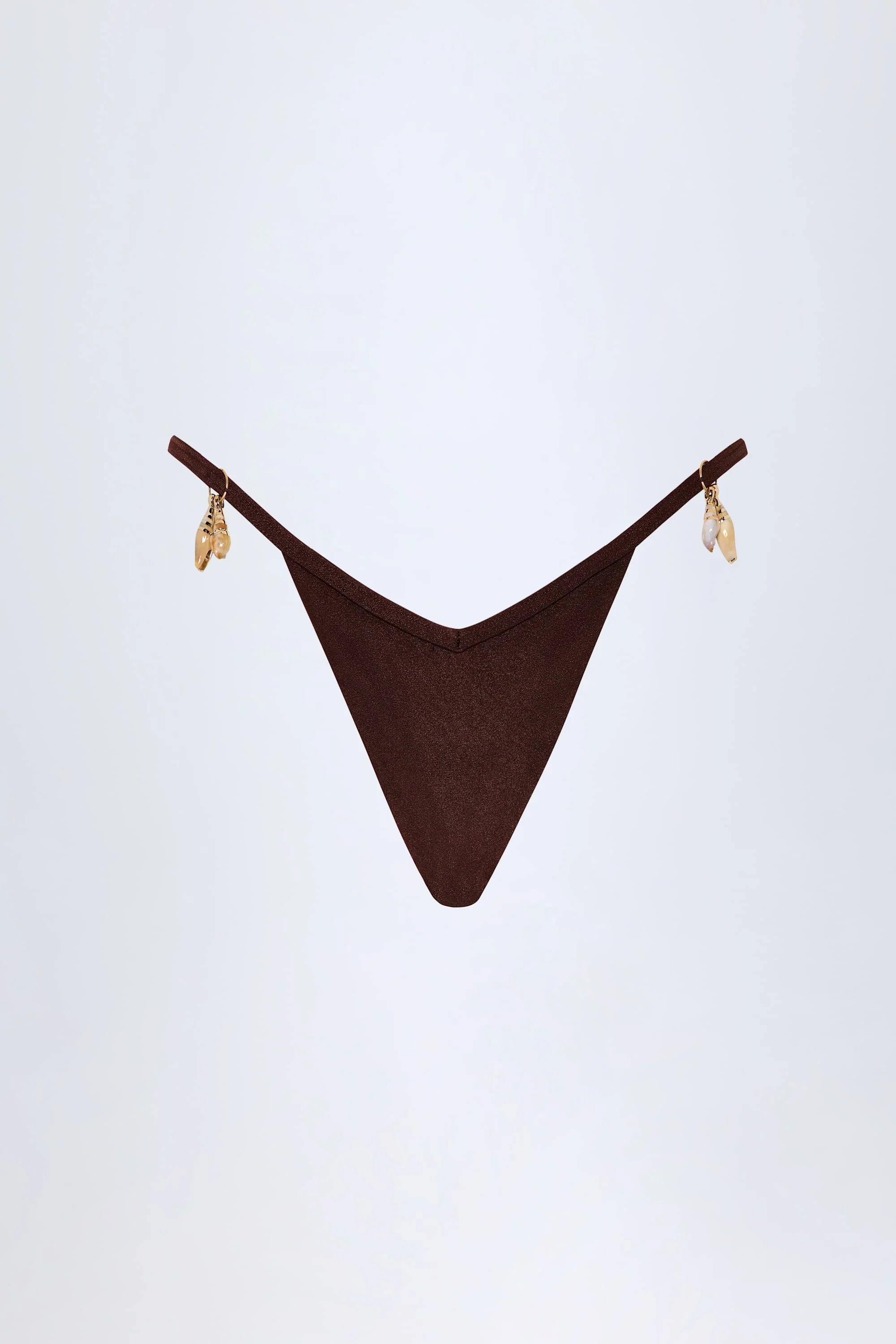 Charm Detail Thong Bikini Bottoms in Dark Chocolate