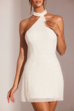 Embellished Asymmetric Neck A Line Mini Dress in White