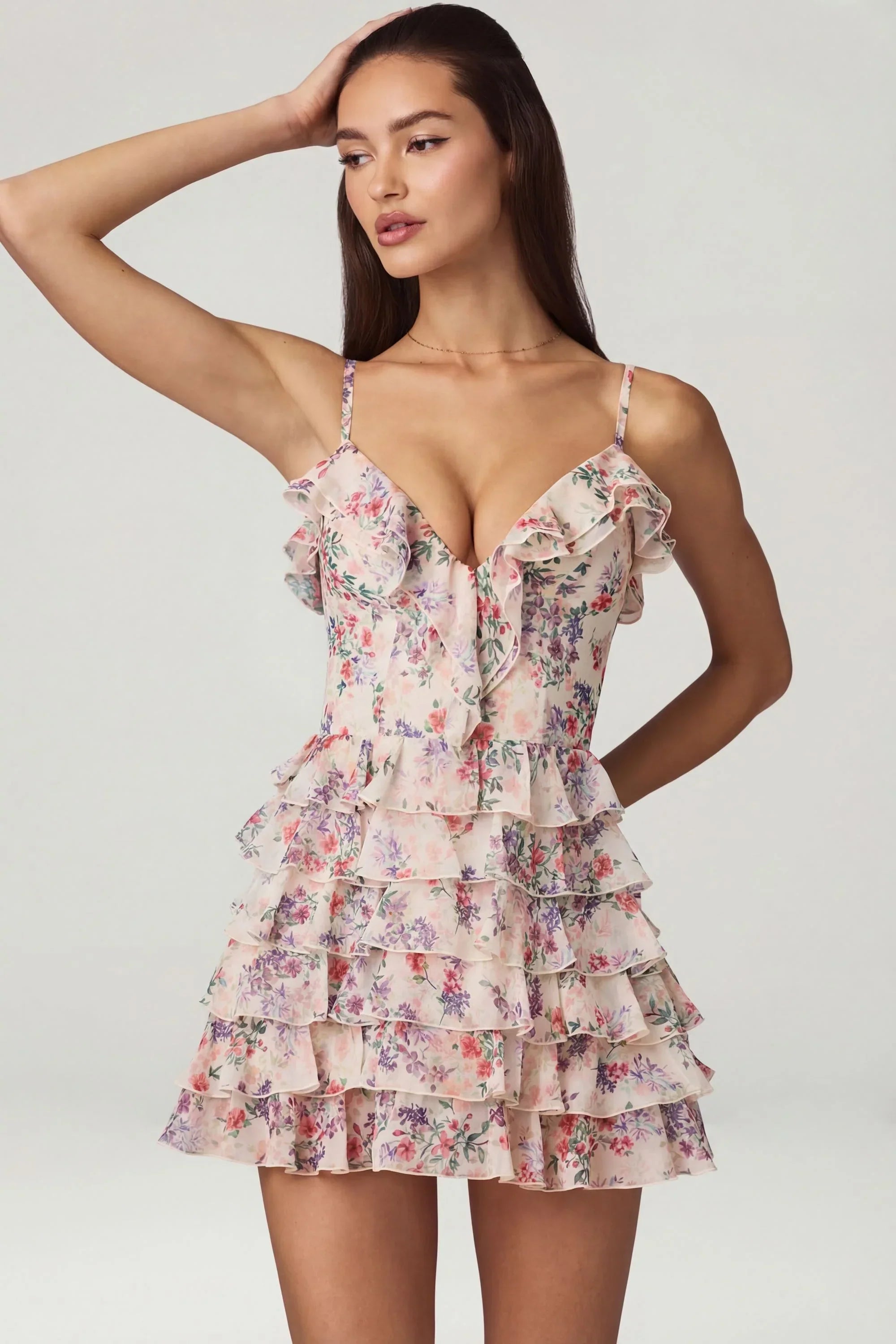 Ruffled Lace Up A Line Mini Dress in Primrose Floral Print