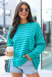Kara Turquoise Stripe Waffle Pullover