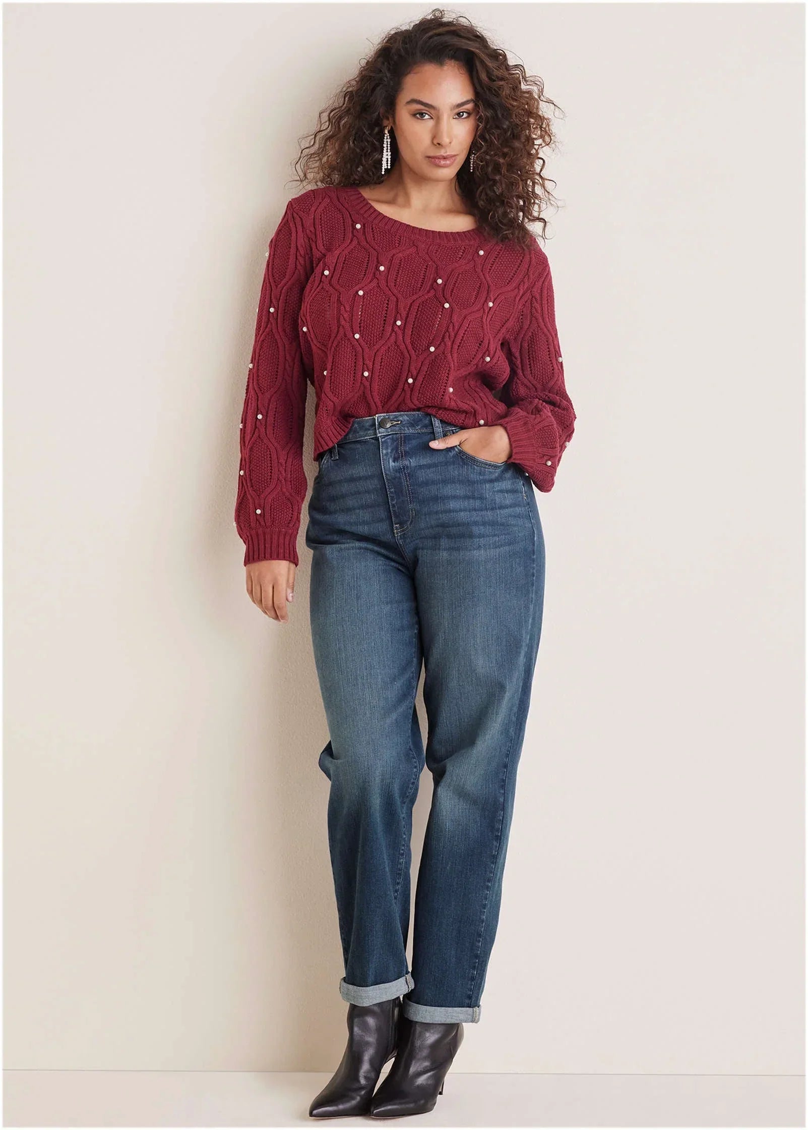 Pearl Detail Sweater Wine