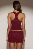 Embellished Mid Rise A Line Mini Skirt in Burgundy