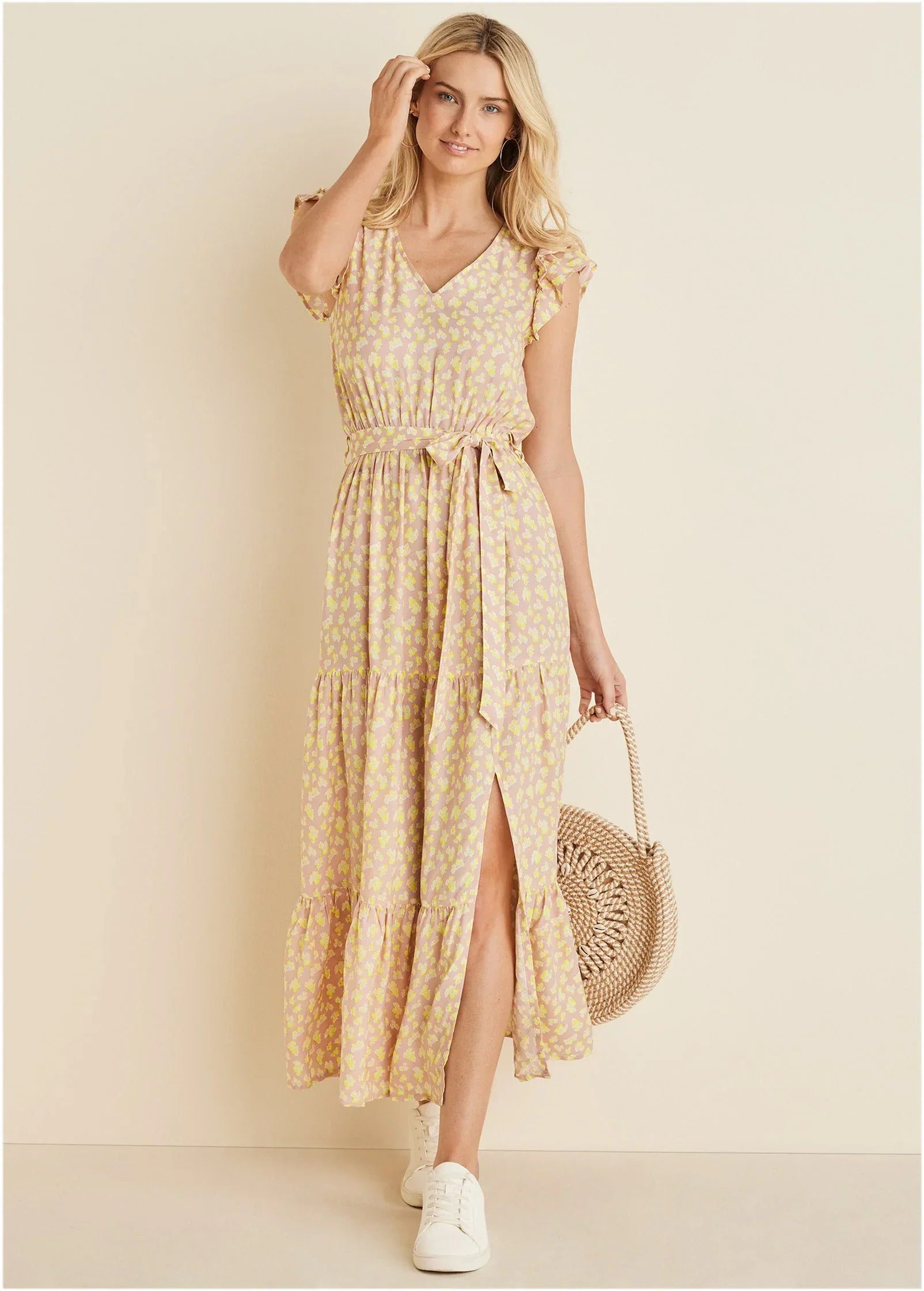 Flutter Sleeve Maxi Dress Peach White