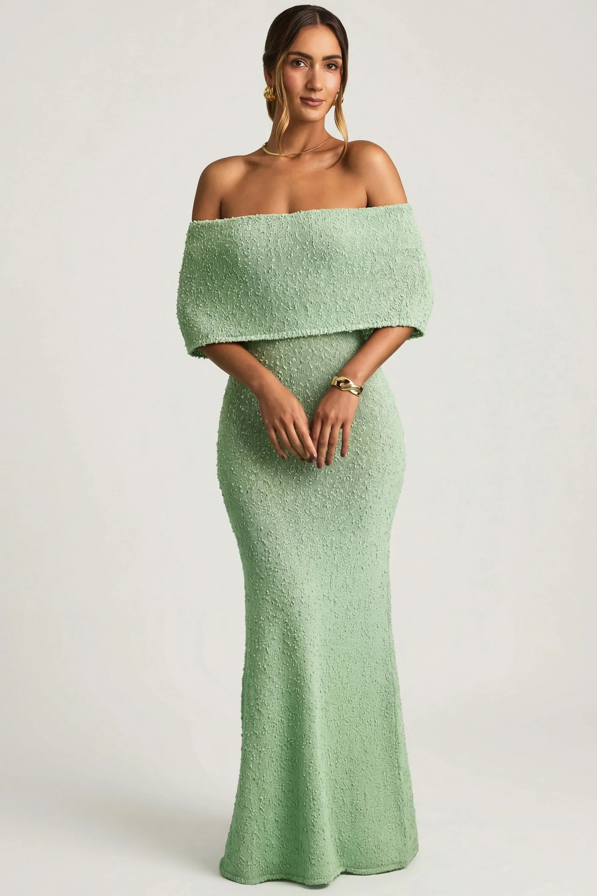 Bouclé Off Shoulder Maxi Dress in Mint