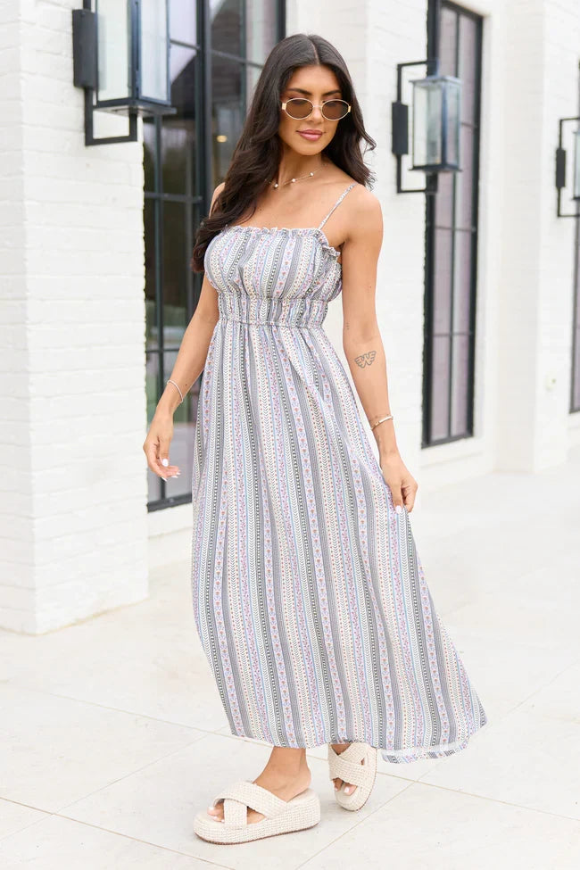 Lovingly Yours Lavendar Stripe Floral Midi Dress