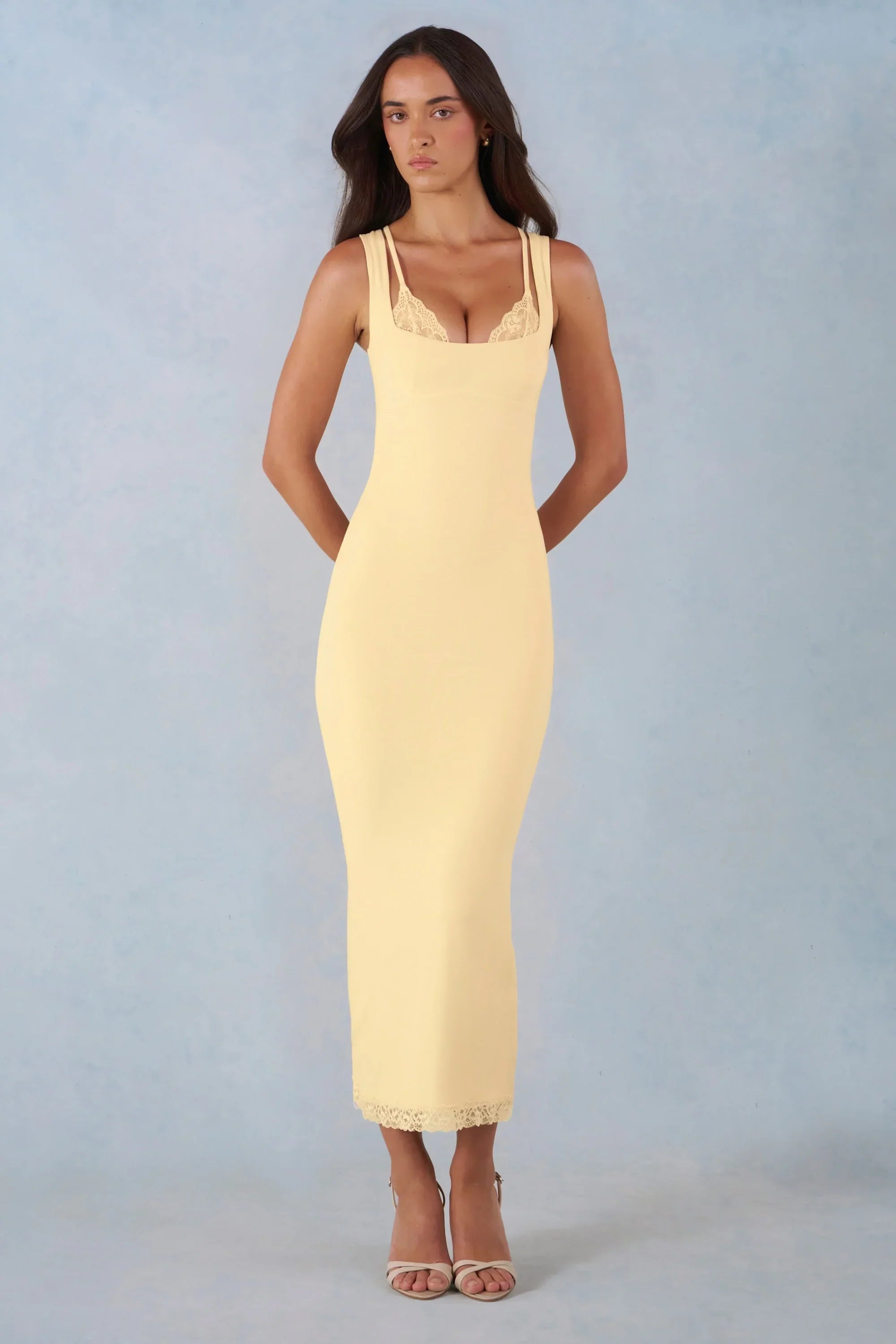 Modal Lace Trim Midaxi Dress in Butter Yellow