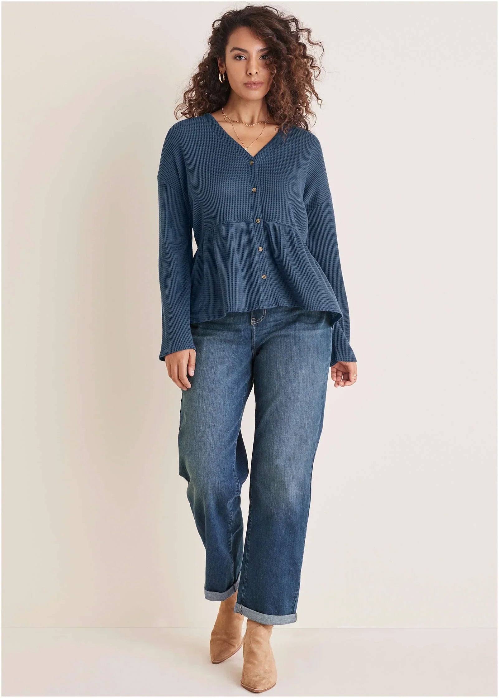 Waffle Babydoll Henley Vintage Indigo