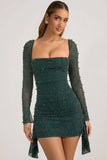 Embellished Cowl Neck Draped Mini Dress in Emerald Green