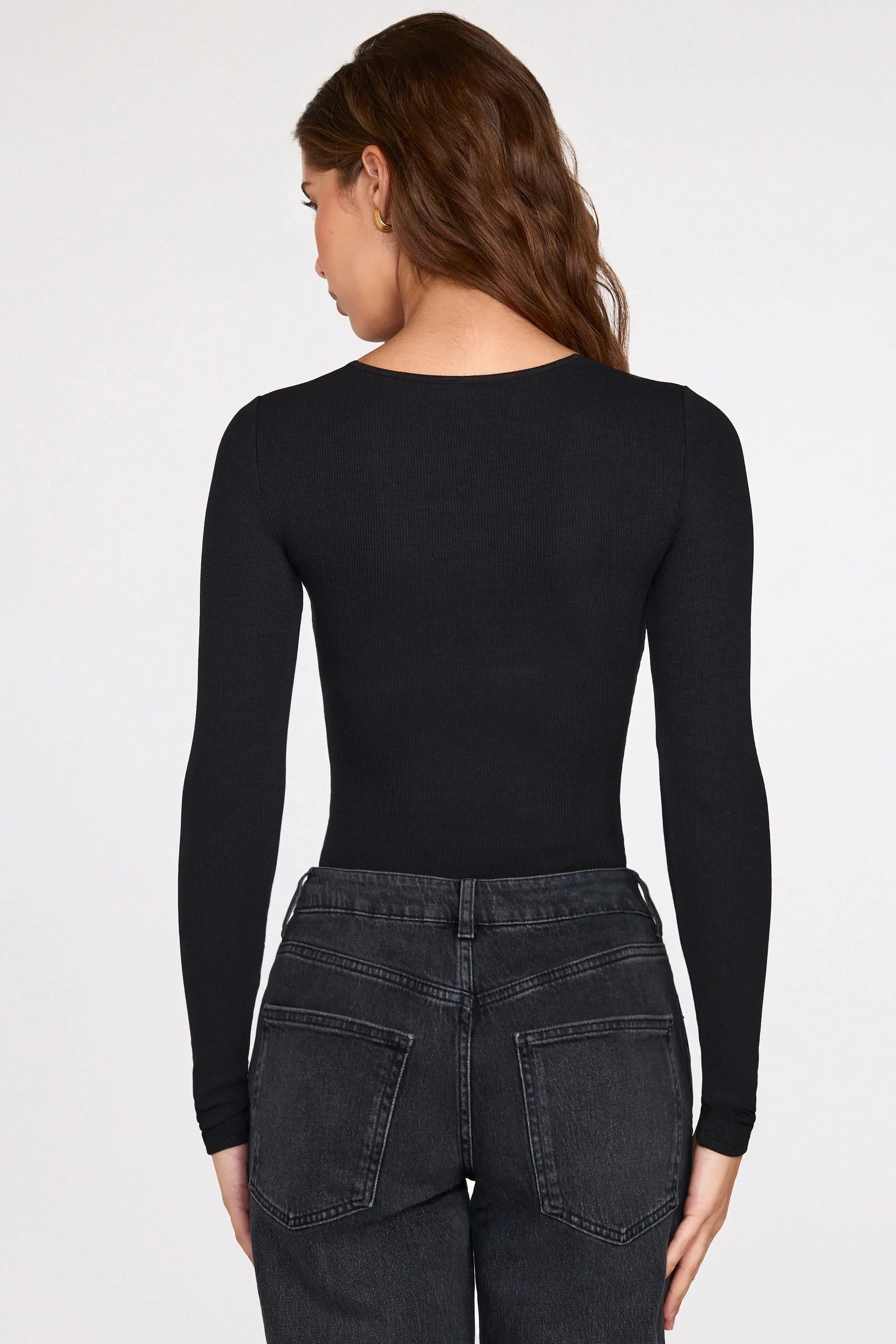 Ribbed Modal Long Sleeve Plunge Bodysuit in Black