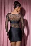 Long Sleeve Lace Panel Draped Bodycon Mini Dress in Black