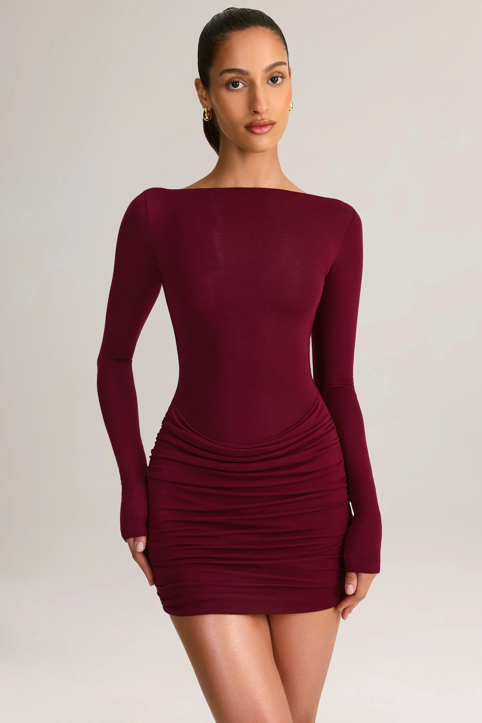Modal Boat Neck Draped Long Sleeve Mini Dress in Wine
