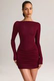 Modal Boat Neck Draped Long Sleeve Mini Dress in Wine