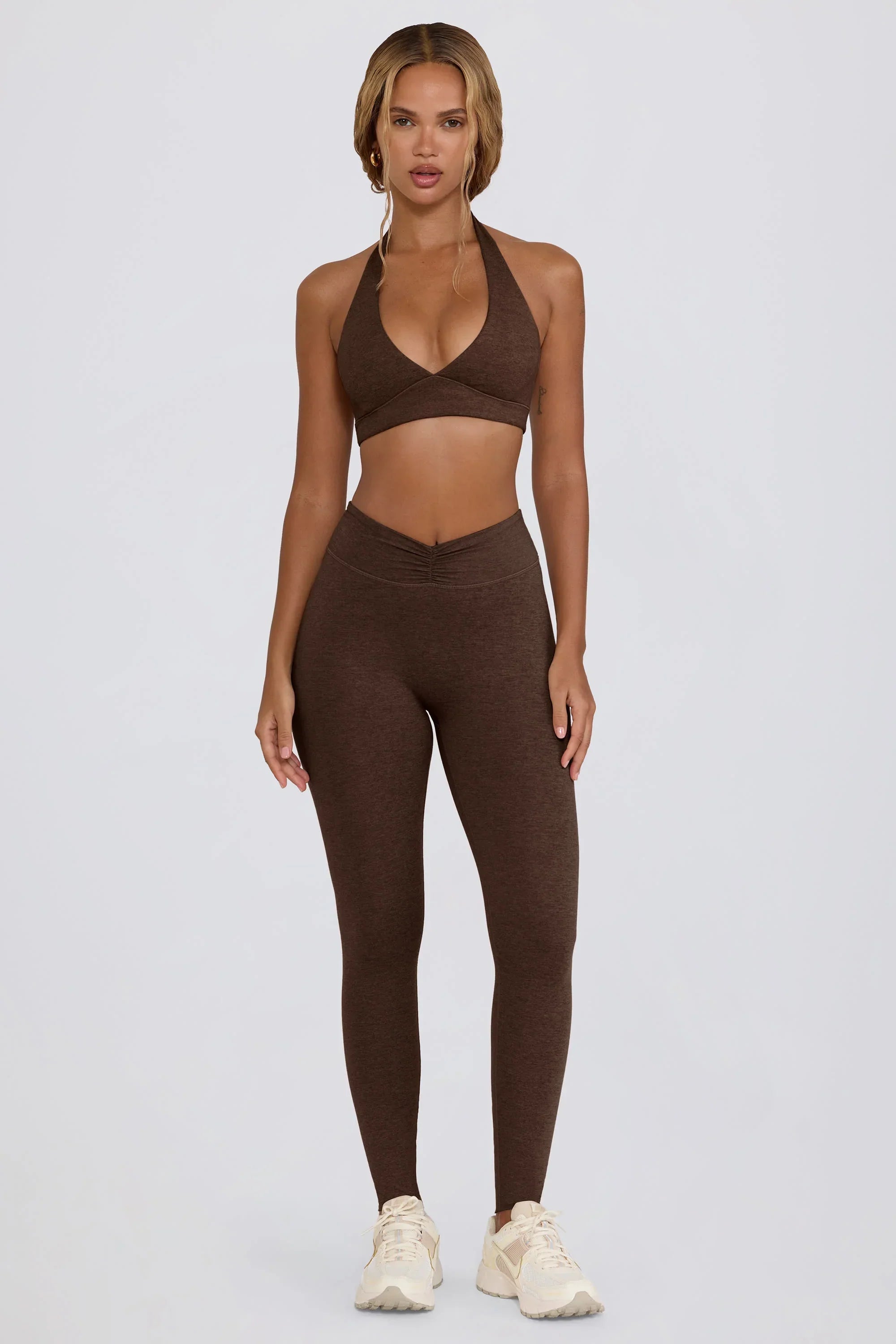 Brushed Jersey Ruched Mid Rise Leggings in Pecan Marl