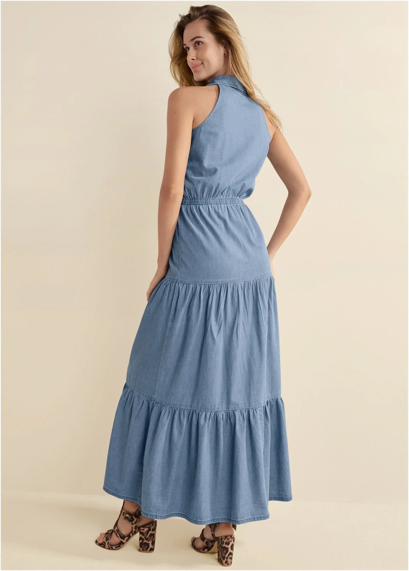 Chambray Tiered Maxi Dress Medium Wash
