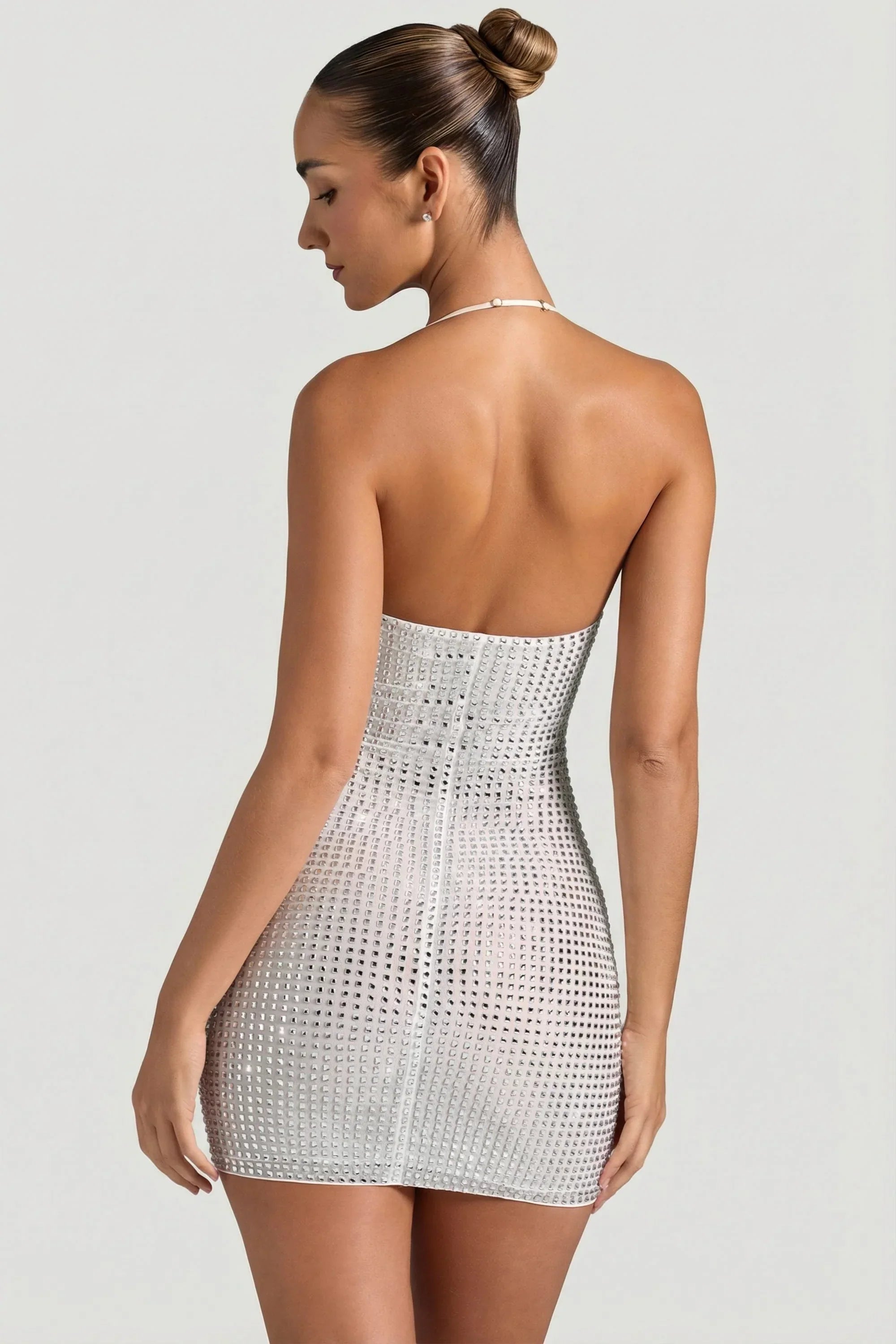 Embellished Halterneck Mini Dress in White