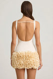 Satin Floral Appliqué Open Back Mini Dress in Ivory