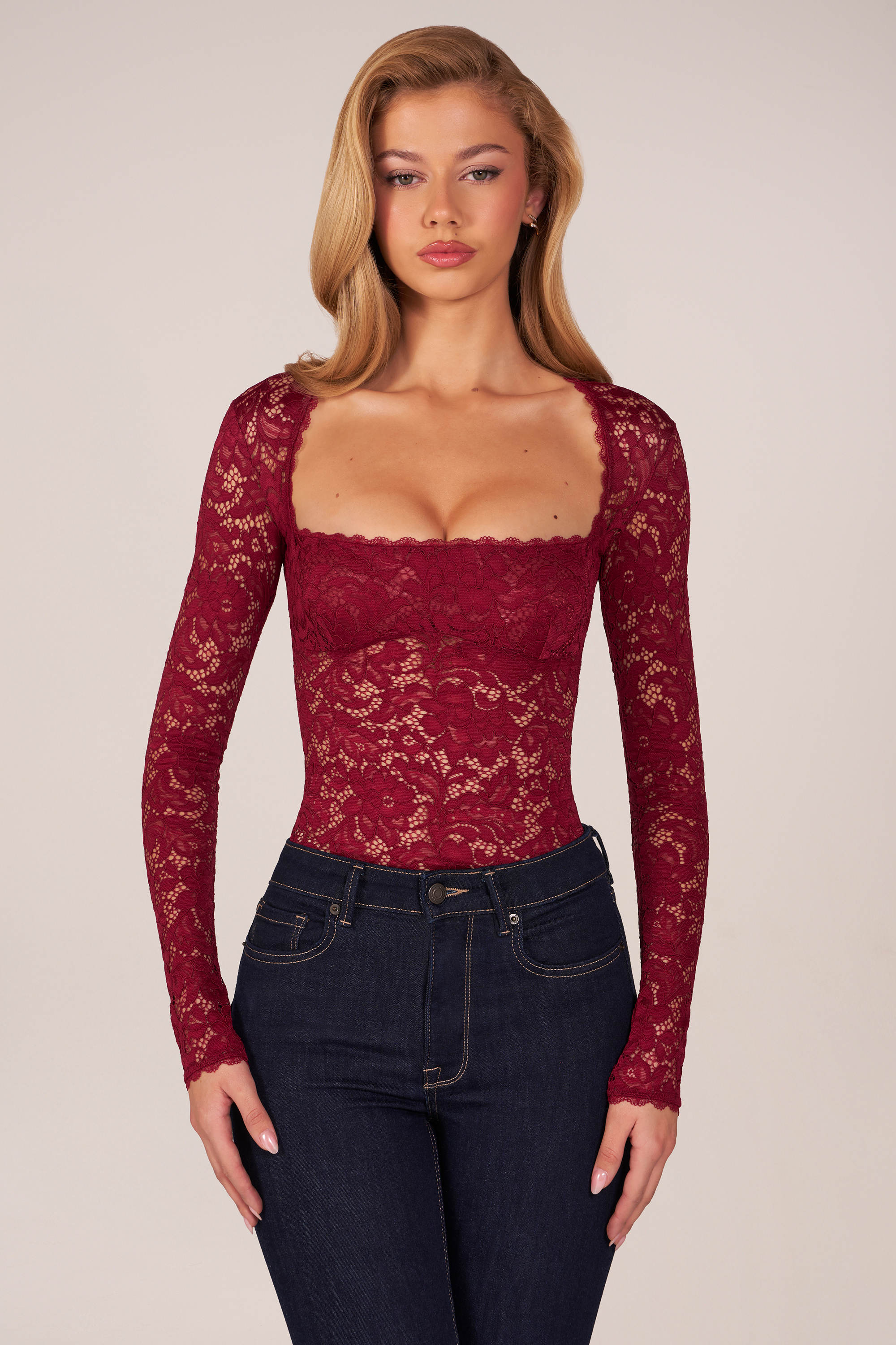 Long Sleeve Laced Bodysuit in Wine