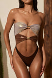 Panelled Cut out Swimsuit in Bronze Gold
