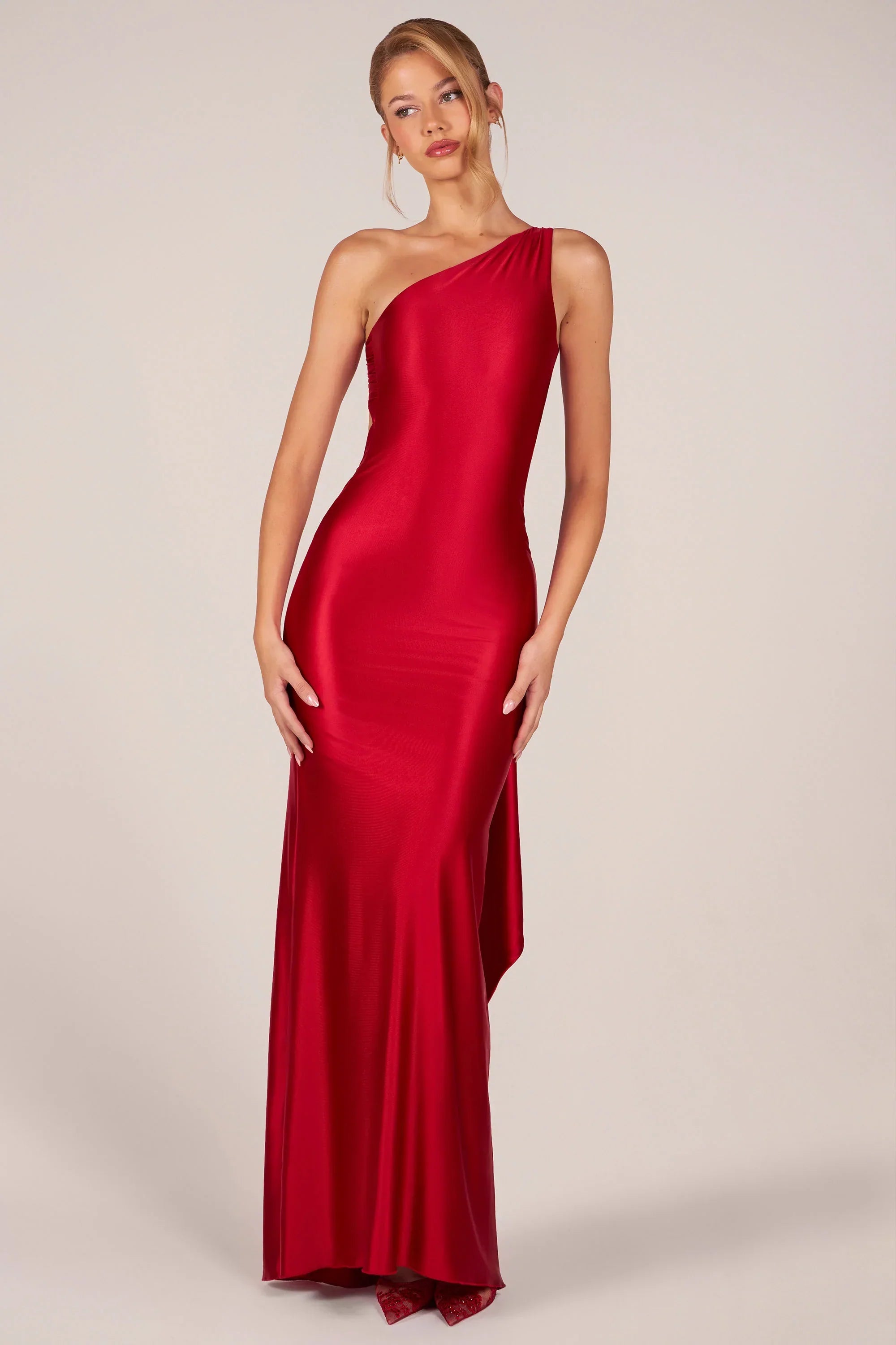 Asymmetric Tie Back Gown in Cherry