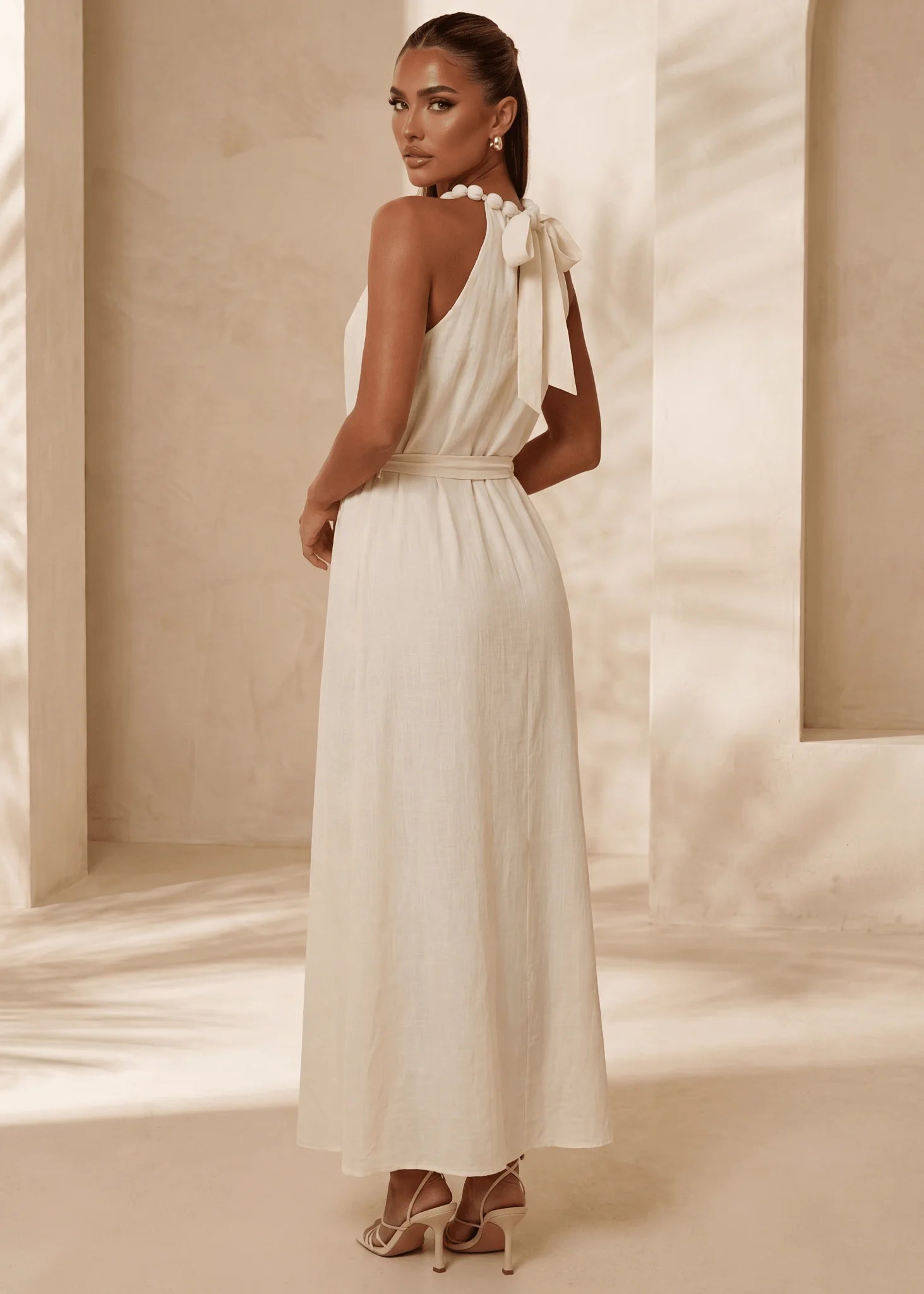 One More Day Floaty Tie Detail Maxi Dress Beige