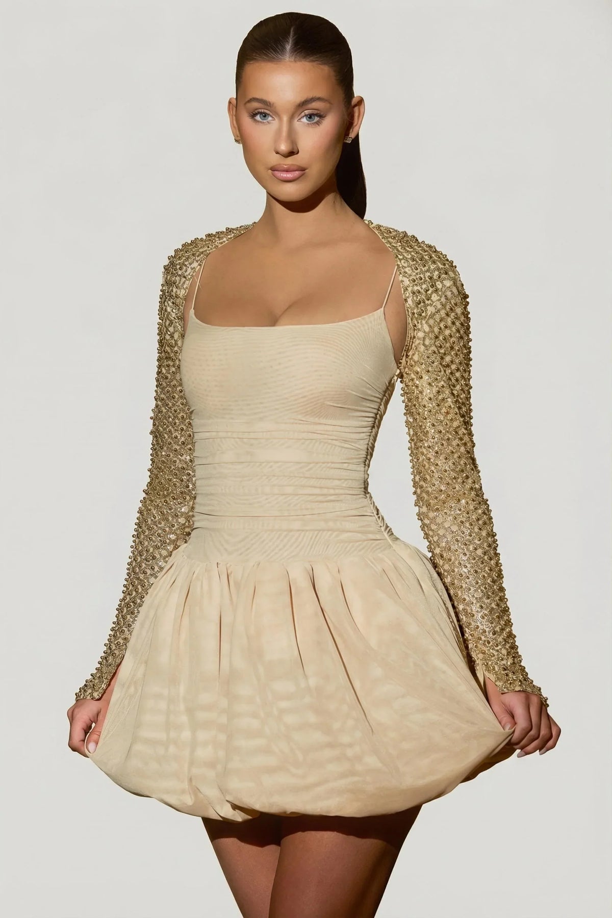 Embellished Bubble Hem Mini Dress in Gold