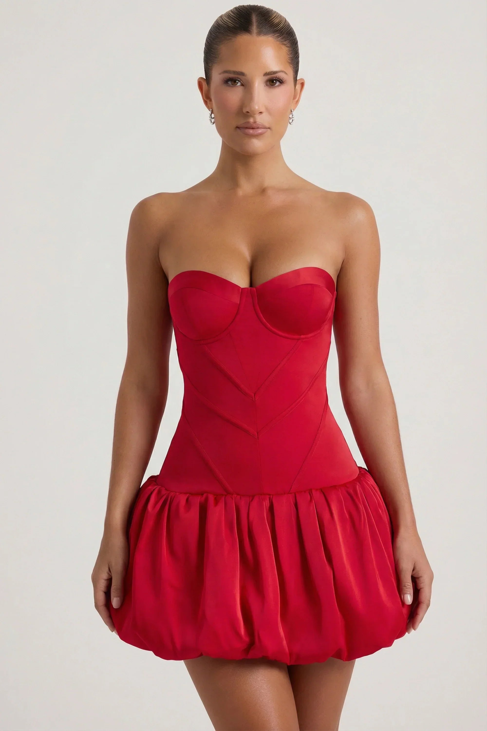 Cut Out Bubble Hem Corset Mini Dress in Red