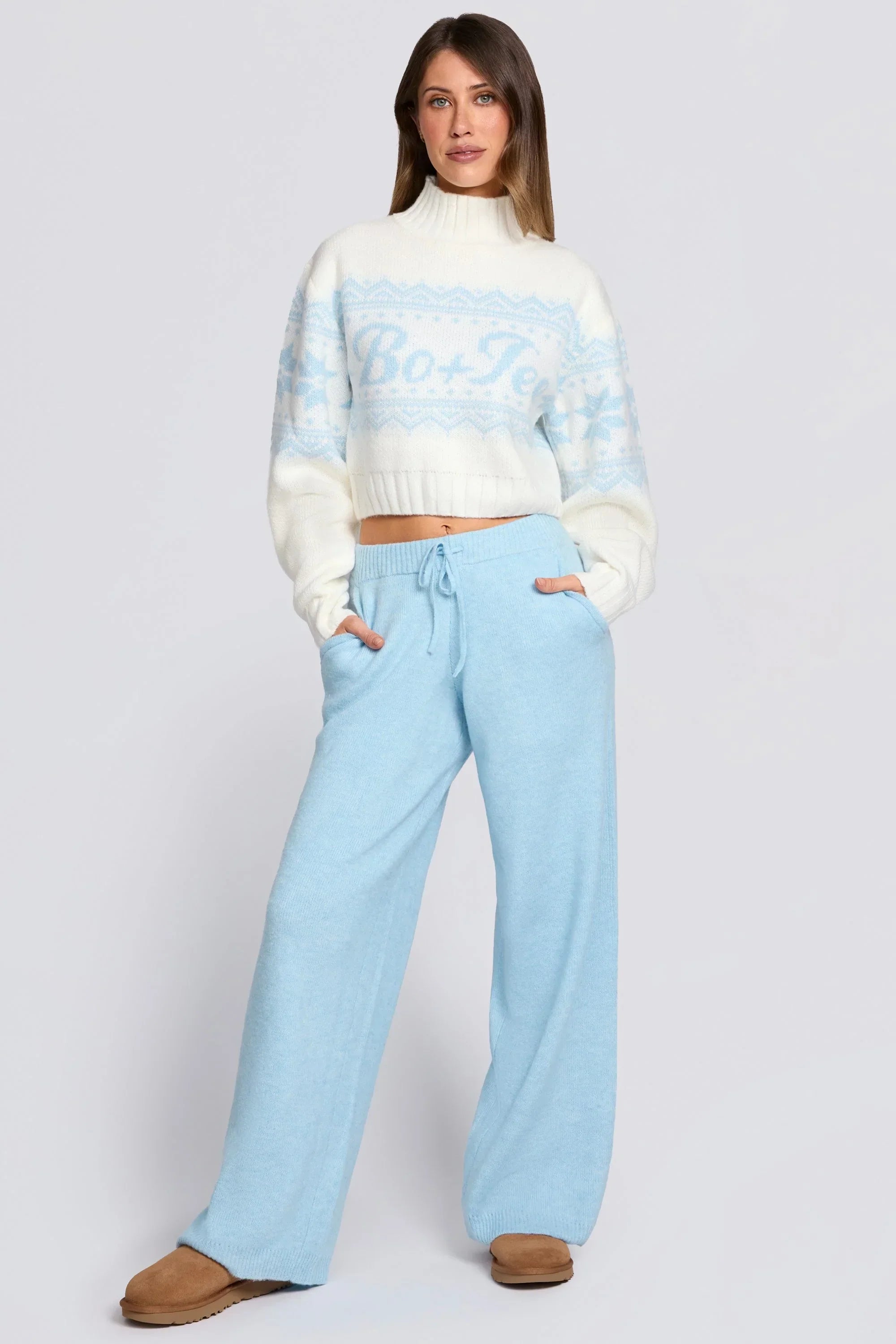 Knit Mid Rise Wide Leg Joggers in Powder Blue