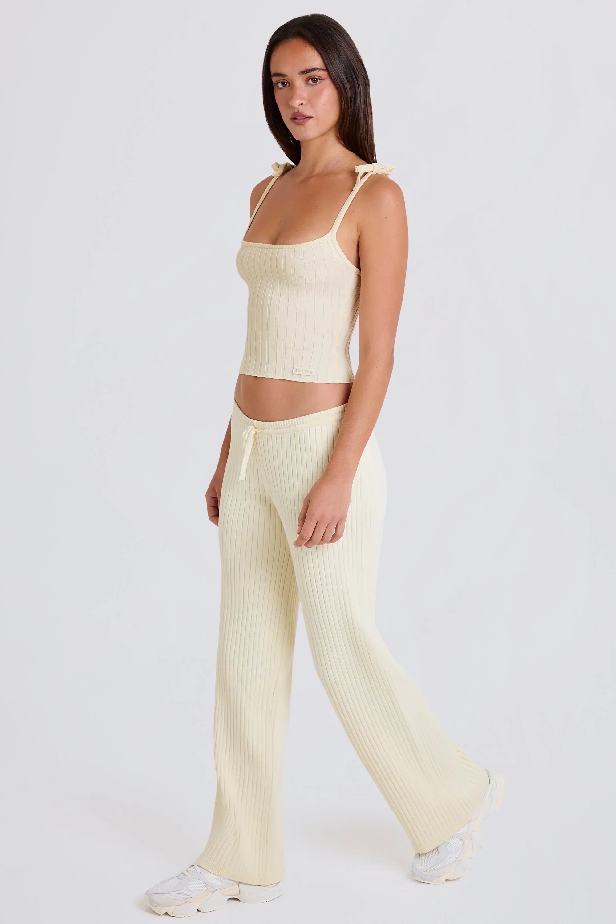 Ribbed Knit Wide Leg Joggers in Cream