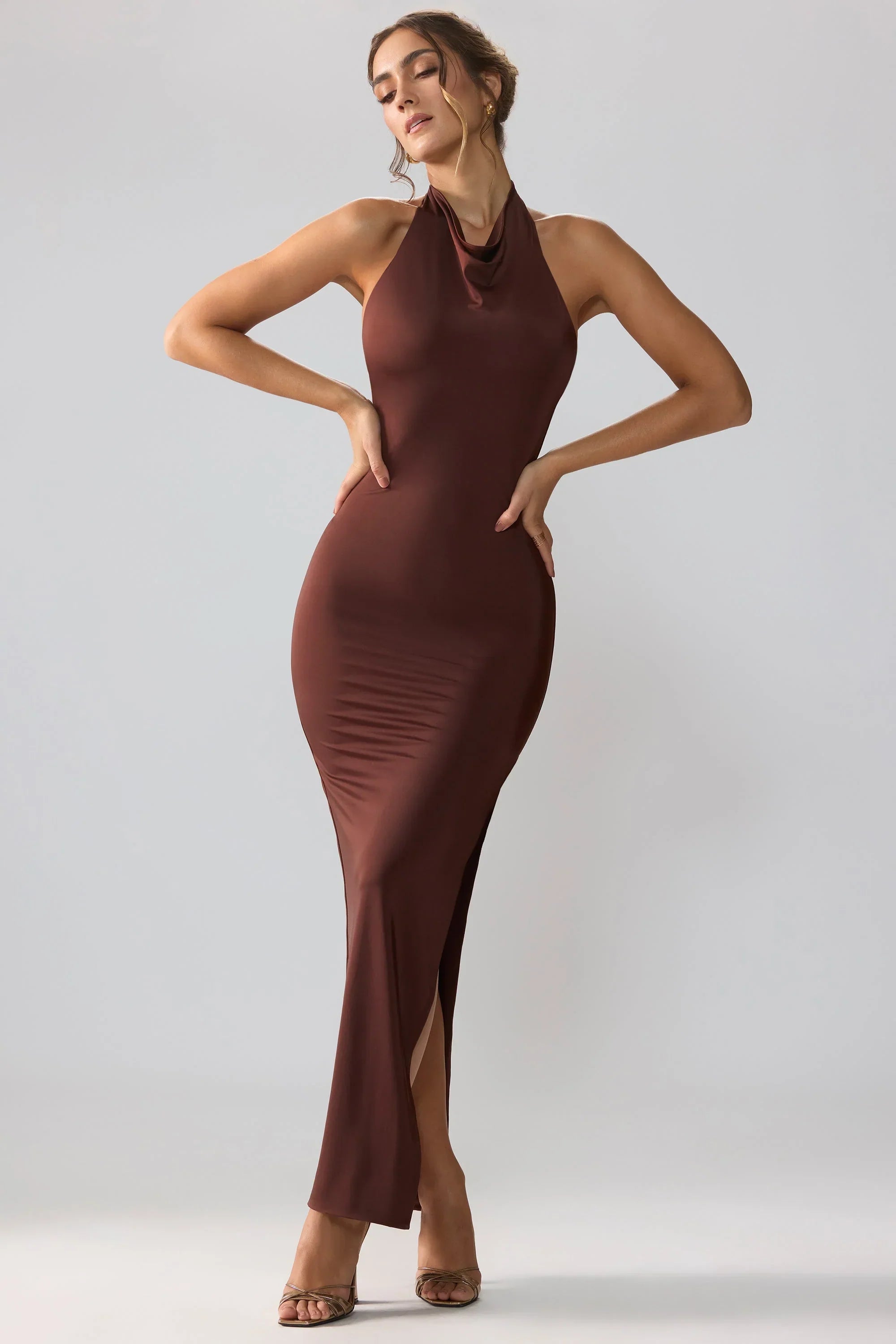 Jersey Cowl Neck Backless Maxi Dress in Espresso