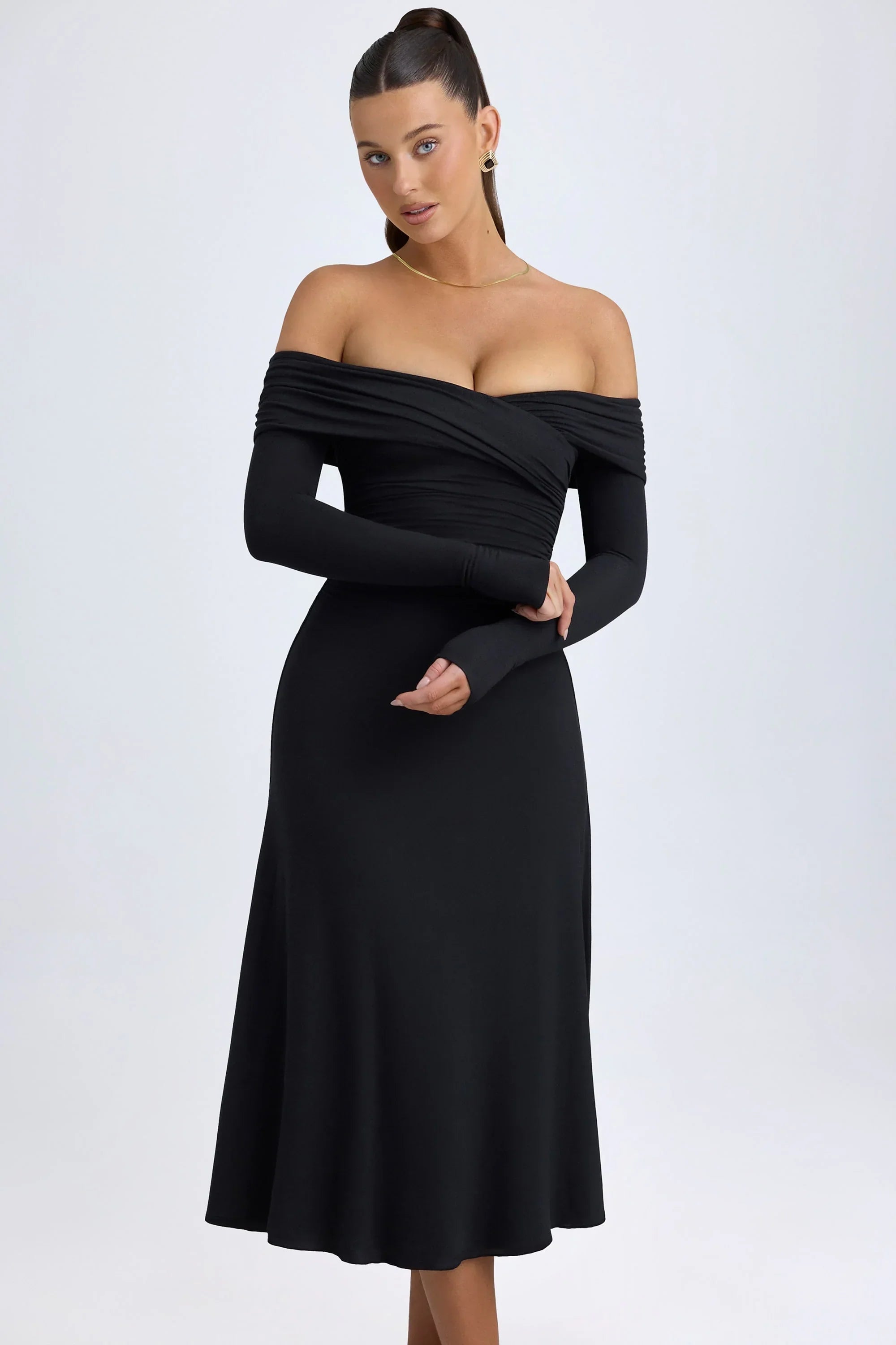 Modal Off Shoulder Ruched Midaxi Dress in Black