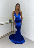 Love Affair Satin Gown with Ruched Back Electric Blue