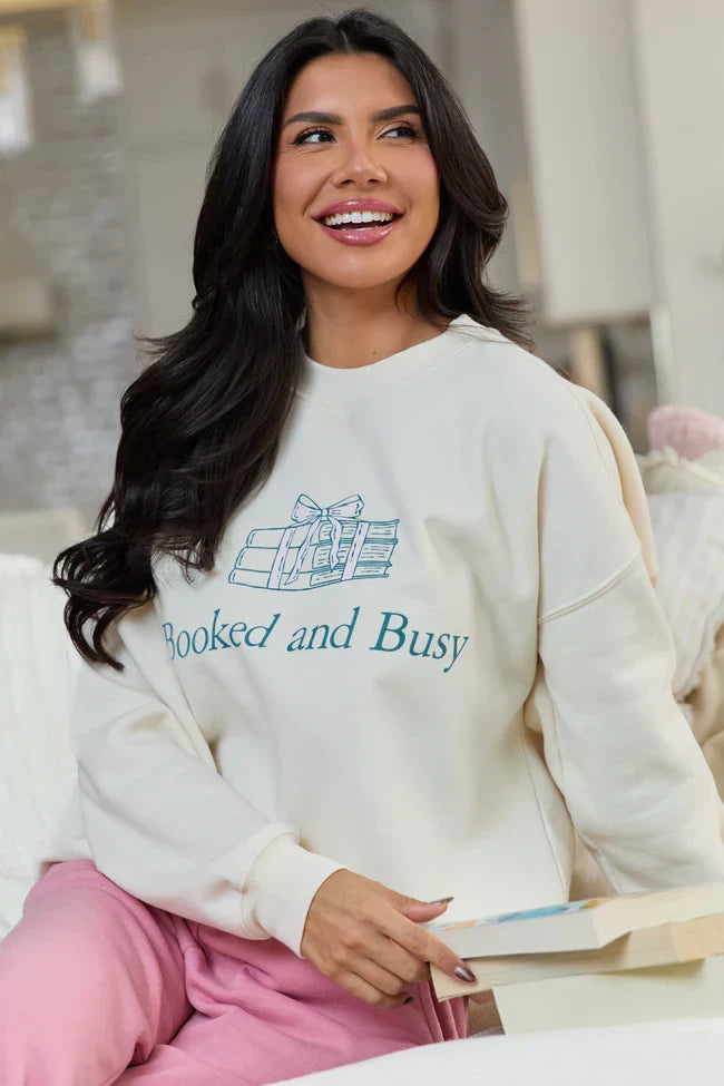 Booked Busy Cream Graphic Sweatshirt